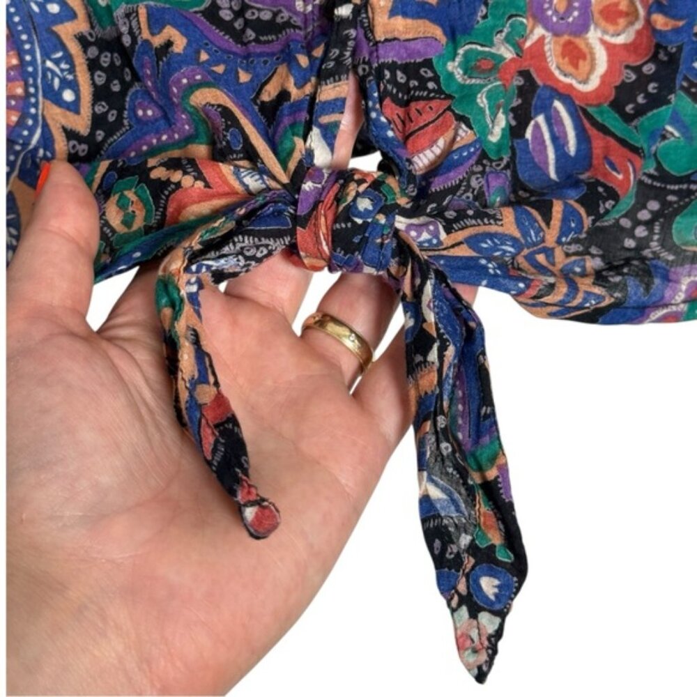 Vintage Paisley Tie Front Shirt Size Medium Cotton Boho Short Sleeve Top - Picture 3 of 6